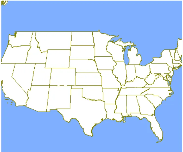 図 17: アメリカ合衆国地図 (討 1) 「どんな地図でも, 6 色用いれば塗り分けることができる.」そうである. な ぜか説明せよ. (討 2) 「どんな地図でも, 5 色用いれば塗り分けることができる.」そうである