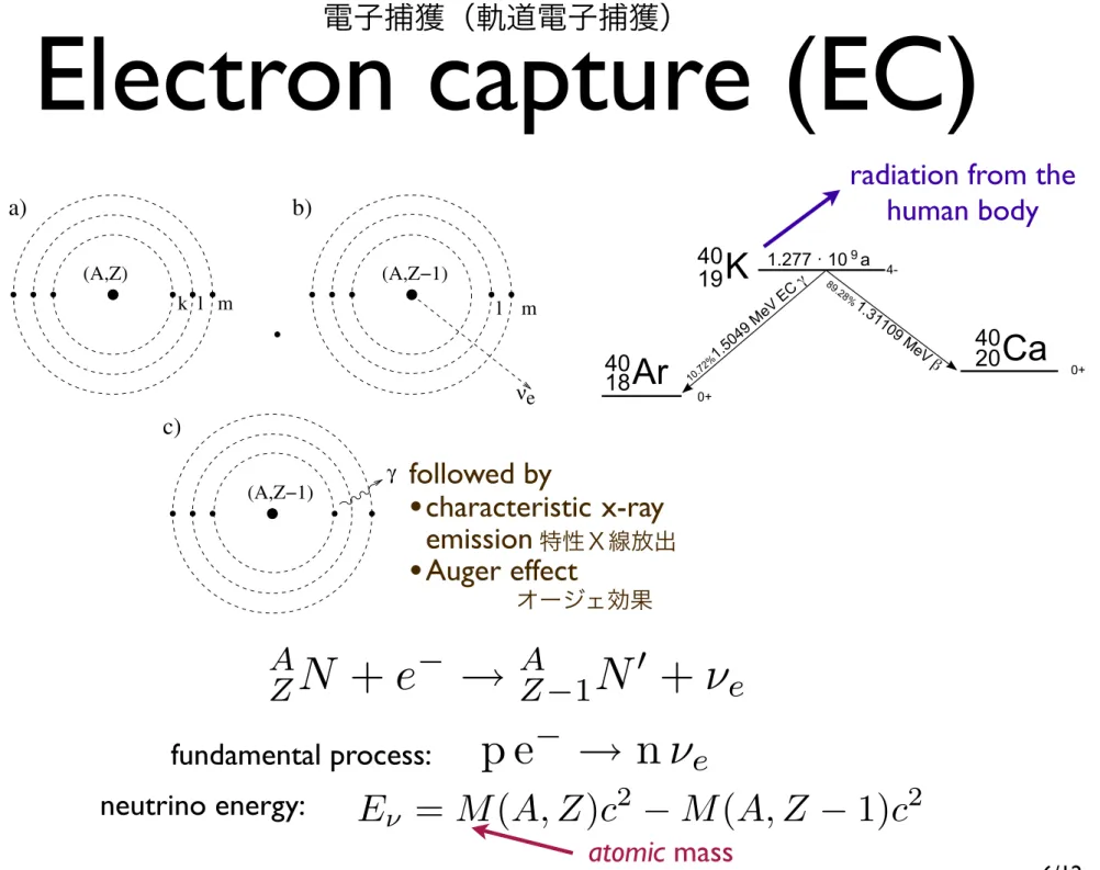 Fig. 4.15. Electron capture. After the nuclear transformation, the atom is left with an unfilled orbital, which is subsequently filled by another electron with the emission of photons (X-rays)