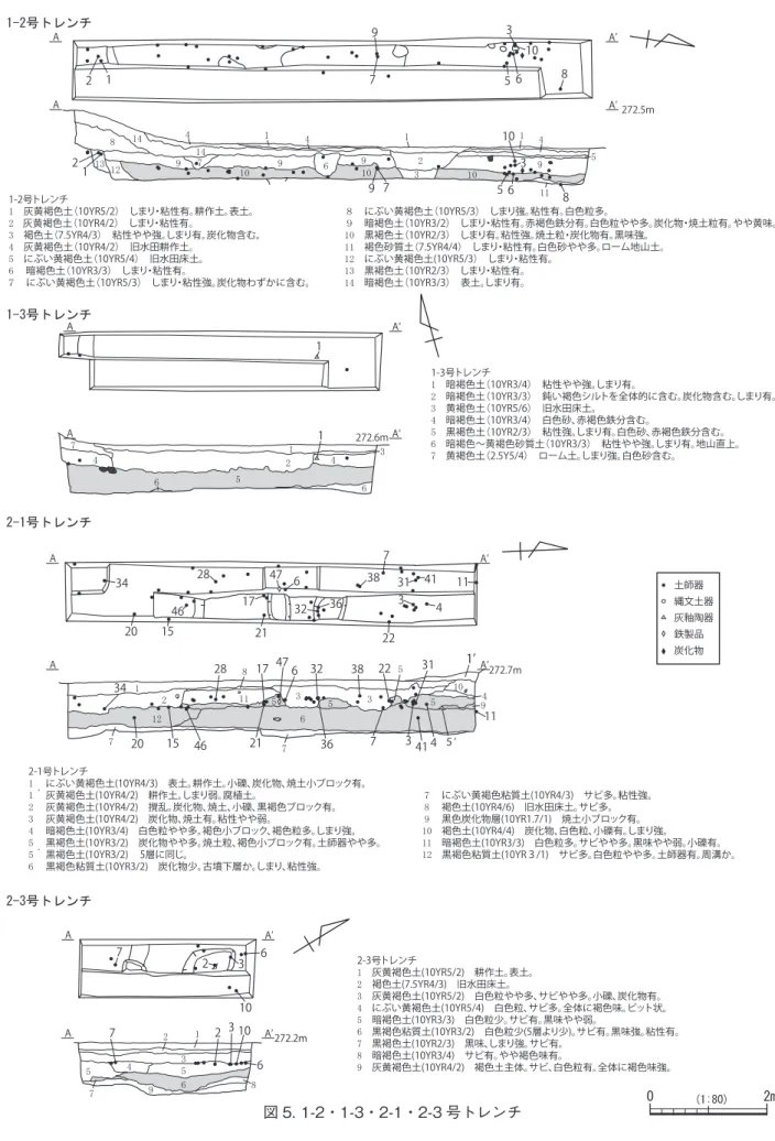 図 5. 1-2・1-3・2-1・2-3 号トレンチ1285555941033777198255643126112-3号トレンチ1-3号トレンチ1-2号トレンチ2-1号トレンチ 0 (1:80) 2m 2-1号トレンチ　1　 にぶい黄褐色土(10YR4/3)　表土。耕作土。小礫、炭化物、焼土小ブロック有。　1´ 灰黄褐色土(10YR4/2)　耕作土。しまり弱。腐植土。　2　 灰黄褐色土(10YR4/2)　撹乱。炭化物、焼土、小礫、黒褐色ブロック有。　3　 灰黄褐色土(10YR4/2)　炭化物、焼土有。粘性や