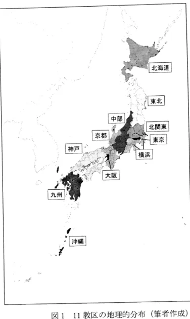 図 1 11教 区の地理的分布 (筆 者作成 ) (2)  信徒、教会、教師 次 に、各教 区の信徒 、教会 、教師の数 に注 目して、特徴 を探 ってゆ く。信徒 は、各教会、 教 区の活動の主な実施 主体であ り、活動す るた め の資金 を献金 とい う形で集 めてい る。教 会 においては、 もつ とも中心的な構成要素 とい える。教会、 教 区の運営は主 に信徒 の献金 によつてな され ているため、信徒 の人数 は教 区の財政 に直接 的 な影響 を及 ぼす。教会 と教 師は、教 区内の各教会 