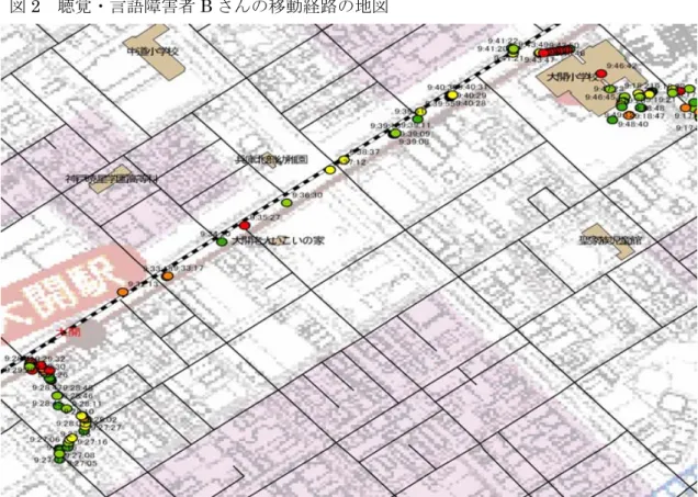 図 2  聴覚・言語障害者 B さんの移動経路の地図    避難訓練の全体を通して、聴覚・言語障害者である B さんは、手話をしていなくても杖 をついて歩いているので通常の歩く速度も速くはなかった。そのうえ、写真 28･31･35･36 からわかるように、避難訓練の 25 分間のうち 4 回立ち止まっており、自宅から距離が決し て近くはないので、避難所に遅れて到着することが予想される。避難時に、手話通訳者が かけつけて傍にいるとは限らないので、もし健常者と筆談をするならばより時間がかかる だろう。遅れて避難