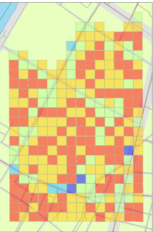 図 2  地域 B のポジティブ項目の多少をメッシュで色ごとに地図上で示したもの 