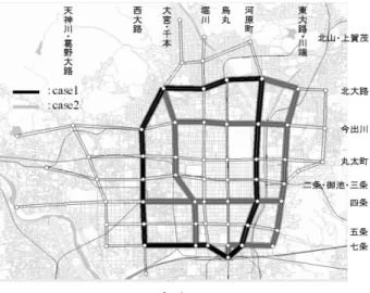 図 1  対象ネットワーク  間 帯 を 07:00-10:00 ， 10:00-16:00 ， 16:00-20:00 ， 20:00-24:00 の 4 つに分割して分析を行った．分担・ 配分の分析対象とする TC はこれらの時間帯中に全 てのトリップが完了しており，かつ域外との出入り がないものとした．その他のトリップは，移動モー ドが PT 調査の回答結果を利用するものと仮定して 配分のみを行った．なお，ゾーンを通過する全 TC の約 15%が分析対象エリアでトリップが完結する分 析対象となった． 