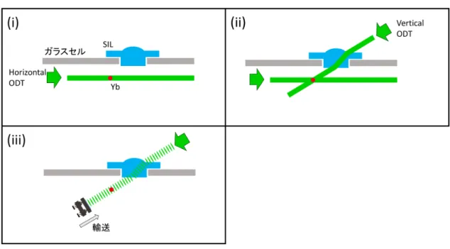 図 3.4: 光双極子トラップと輸送 である。共鳴する光を照射すると光は原子気体に吸収されるため、透過光強度は I = I 0 e OD (3.4) OD(r) = ∫ n(r, z)σ ab dz (3.5) まで減衰される。ここで OD(r) は原子の柱密度、 σ ab は散乱断面積である。実験 では CCD カメラを用いて三枚の画像を取得する。原子に撮像光を照射した後の透 過光を測定したもの (I probe )、撮像光の元の強度を測定したもの (I probe )、撮像光を 照射しない時の背景光の強