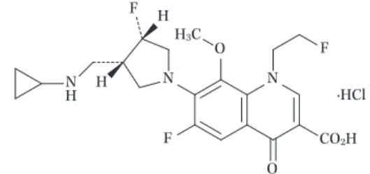 Fig. 1. Structure of lascufloxacinNOOF CO 2 HNF ·HClFNHHHH3C ど特有の副作用も知られている ２〜４） 。また他系統抗 菌薬と同様，発売から時間が経過している薬剤が多 く，それら既存薬剤に耐性を示す菌の増加が報告さ れつつある ５〜８） 。特に尿路感染症の主要原因菌であ る Escherichia coli ではキノロン耐性化が進み，さ らにこれまでキノロン耐性菌の分離頻度が低かった 呼吸器感染症領域でも，既存薬であるレボフロキサ シン（LVFX）等