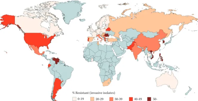 Fig. 1. Resistance of  Staphylococcus aureus  to oxacillin (MRSA), by country (most recent year, 2012-2017) (Modified from refer- refer-ence 6).
