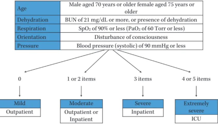 Fig. 3. CAP ＊  severity classification by A-DROP.AgeDehydrationRespirationOrientationPressure 