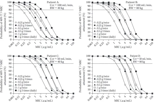 Fig. 3. Probabilities of 40% T ＞ MIC attainment in four typical patients using twice and three times daily regi- regi-mens of meropenem (0.5-h infusions) 