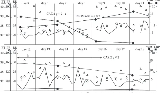Fig. 4. 入院後経過（第 5 〜 18 病日） day 18day 17 10 5 105201510535302520BT PR RR4039383720016012080