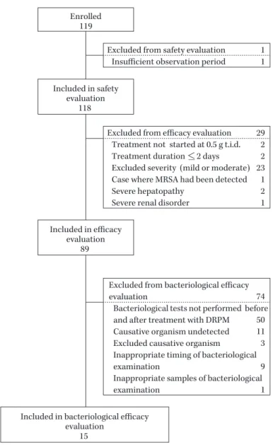 Fig. 1. Breakdown of patients showing the numbers included at each  evaluation stage, the numbers excluded and the reasons for  exclu-sion.