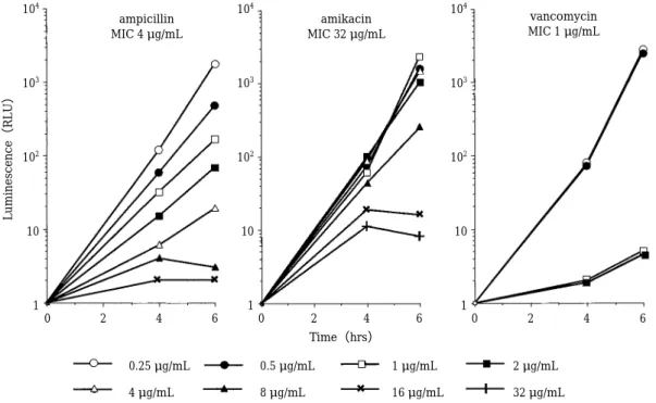 Fig. 1. Time variations in bacterial ATP based on antimicrobial agent concentration.