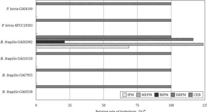 Fig. 1. Stability of doripenem with beta-lactamase produced by B. fragilis and P. bivia.
