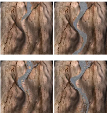 Figure 1 show the result of river in the valley. The fluid flows along to the valley. Since our method can simulate the turbulence, the flow is disturbed