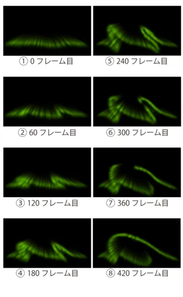 図 10 指定した元形状と目標形状 にかかるフレーム数を 420 とした． 1 フレームあたりのシ ミュレーションにかかる時間は， 2 次元平面上での運動計算 が約 2-3 秒，落下シミュレーションによるレンダリングが約 1-2 秒であった．レンダリング結果から，クリエイターが指 定した形状を満たすようなシミュレーションが行えている ことがわかる．また，一本のシート状構造からひだが発生し 回転する様子（図 11 ① - ④）や，伸びたひだが分断し 3 つの シート状構造を構成する様子（図 11 ⑤ - ⑦）