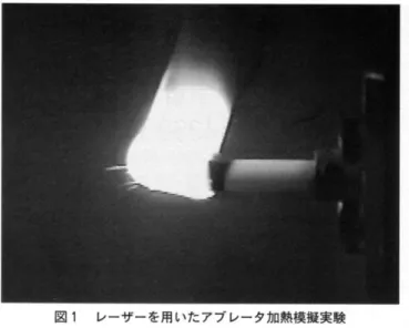 図 1 レーザーを用いた 7 プレータ加勲模援実験 に比例し，機体頭郎半径に反比例する。直径数十C皿 のカプセルだと地球周囲軌道からの再突入で最大 3M W/ n!くらいとなり，サンプルリターンカプセルでは そのが， 3倍にも上がるのは速度の 3乗で効いていること からも明らかであろう。 MW (メガワット)と言われ でもピンと来な L 、かも知れないがへアドライヤーでふ つう O.OlMW/ n!くらいと言うことで想像してInきた い。この空力加熱の予測式はけっこう本質的で，複雑 な流体力学の方裂式をスー