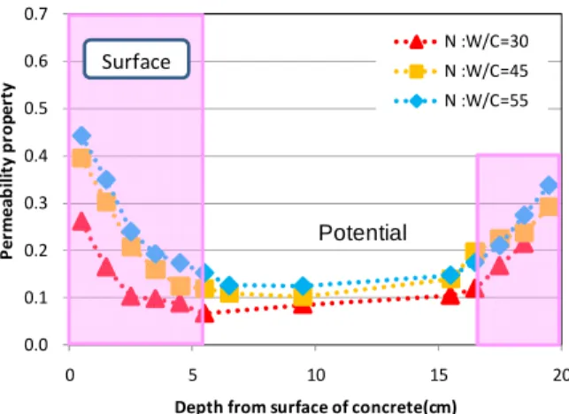 Figure 6 Result for new permeability test on different water cement  ratio and curing period (Cement: N) 