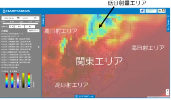 図 7 HARPS OASIS ウェブサイト [24] を用いて誤差低減の取り組みが必要である．また，太 陽光発電や風力発電と蓄電設備， EV などのさまざま な設備とネットワークを形成し，運用する必要がある． さらに，電力市場の取引や電力融通などの運用面で安 定供給の中でも気象予報，発電予測情報が求められる 時代となっており，そこでも最適な運用方法，コスト の削減などを求めていく必要があろう． エネルギー基本計画の中では再生可能エネルギーは 将来主力電化に向けて位置づけられている．しかし， 太陽光発電の出