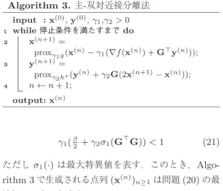 図 1 ロバスト主成分分析による画像分離 L ( n +1) = 1 3 (2(Z ( 1 n ) − Y ( 1 n ) ) − Z ( 2 n ) + Y ( 2 n ) ) + Z ( 3 n ) − Y ( 3 n ) ） S ( n +1) = Z ( 1 n ) − Y ( 1 n ) + Z ( 3 n ) − Y ( 3 n ) − 2L ( n +1) ステップ 3 は各関数の近接写像を独立に計算すればよ い．集合 { M } への距離射影はそのまま M を代入す るだけである．核型ノルム