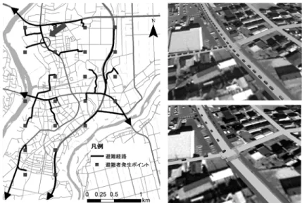 図 9 経路誘導による自動車渋滞の発生と隊列走行導入による渋滞緩和効果 図 10 隊列走行の設定 4.3 地区内歩車錯綜を回避する経路誘導に変更した 場合 前節までは，自動車に対して地区外へ避難誘導する 際，最短距離を利用する経路を仮定している．しかし， 地区内で歩車錯綜が発生し，隊列走行の効果が十分に 発揮されない箇所が発生する（図 11 ）．そこで，自動 車に対しては，隊列走行を効果的に行えるように歩車 錯綜を抑えた経路を選択して利用することを考える． 手順としては歩行者が利用する地区内避難所への経 路