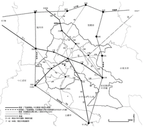 図 3 八郷地域における主要道路（含県道）の変遷 も繁華な場所であり，江戸時代の段階で既に地域の中 心であったことは確実である．先の益見は同町の「人 情風俗」について，「本町ノ内旧柿岡，片野両村ノ如 キハ他村ト異ナリ，稍市街ノ体ヲナシ，随テ風俗又他 ニ比シ華美ノ傾アリ」としている．昭和 30 年 (1955) になって八郷町が成立した際に町役場は柿岡に置かれ たが，江戸時代から続く地域の中心地としての性格は この八郷町成立の時点も，一定度保たれていたと考え られる．現在でも八郷地域内では最大の機能集積が見 
