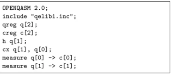 図 5 QISKit を使ったベル状態を生成するプログラム例 図 6 QISKit が図 5 を ibmqx4 用に変換した結果の OpenQASM のプログラム 二種類を含んでいて，手元の PC でこれらのシミュレー ターを実行することができる． QISKit のユーザーは QX のアカウント作成後に， QISKit のインストールと設定が必要である． QISKit は Python 3.5 以上に対応しており，最も簡単なイン ストール方法は以下のとおりである．