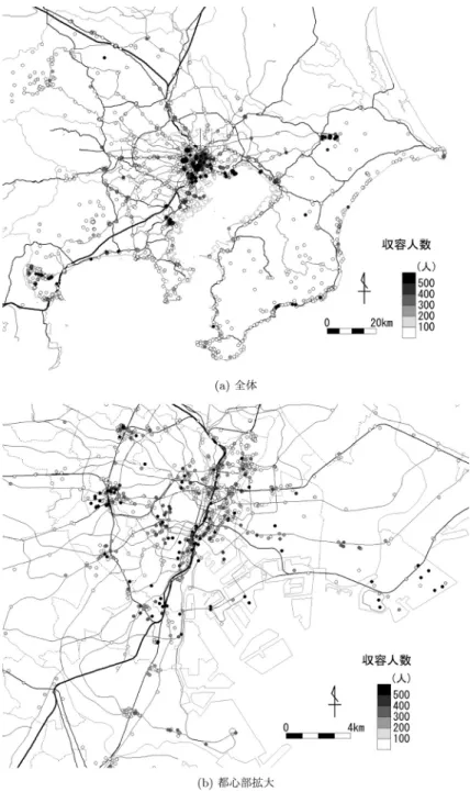 図 2 宿泊施設の空間分布 3. 競技場からみた宿泊施設へのアクセシビリ ティ 東京 2020 オリンピック・パラリンピック招致委員 会が IOC に提出した立候補ファイル [1] によれば，競 技は 2020 年 7 月 22 日からの 19 日間に 37 会場（う ち， 2 会場は首都圏外）で行われる予定である（ 2016 年 11 月現在，競技場の一部見直しが行われているが，本 稿では立候補ファイルに基づいて分析する） ．それぞれ の競技場には総座席数（座席＋立見席）が定められている．ここでは，宿泊施