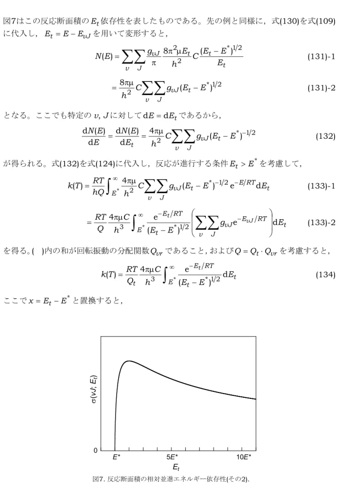 図 7 はこの反応断面積の E t 依存性を表したものである。先の例と同様に，式 (130) を式 (109) に代入し， E t = E − E vJ を用いて変形すると， ∑∑ π π µ −= v J tttvJE ECEhEEgN 21*22())8( (131)-1  ∑∑ −=πµ v J tvJE EgCh 21*2()8 (131)-2  となる。ここでも特定の v, J に対して d E = d E t であるから， ∑∑ − −=πµ= v J tvJt EEgCEhENEEN * 1 
