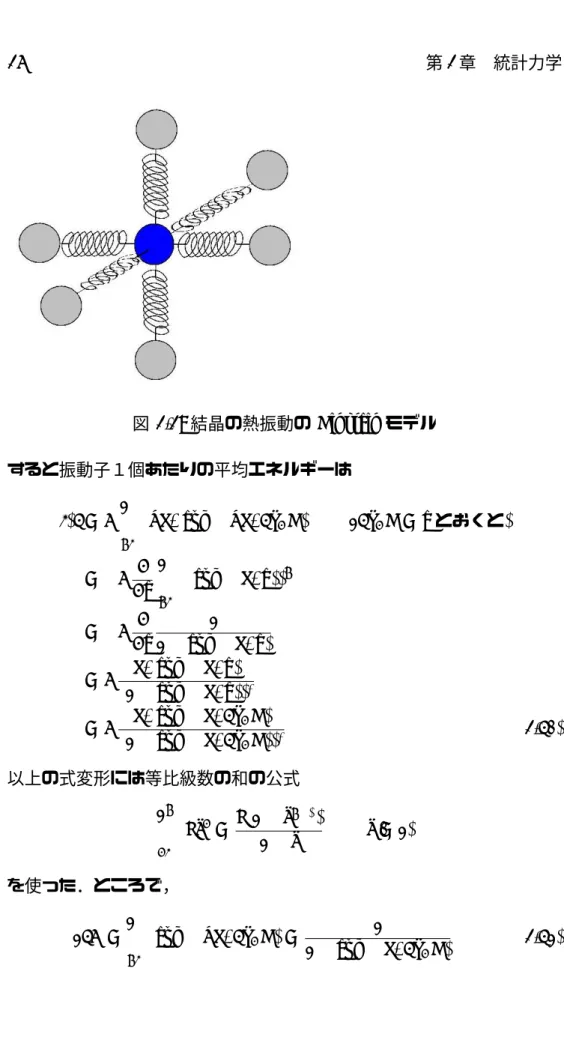 図 2.2: 結晶の熱振動の Einstein モデル すると振動子１個あたりの平均エネルギーは ⟨ ϵ ⟩ = A ∑∞ n=0 nhν exp( − nhν/k B T ) (1/k B T = x とおくと) = − A ∂ ∂x ∑∞ n=0 (exp( − hνx)) n = − A ∂ ∂x 11 − exp( − hνx) = A hν exp( − hνx) (1 − exp( − hνx)) 2 = A hν exp( − hν/k B T ) (1 − exp( − hν/k B T )