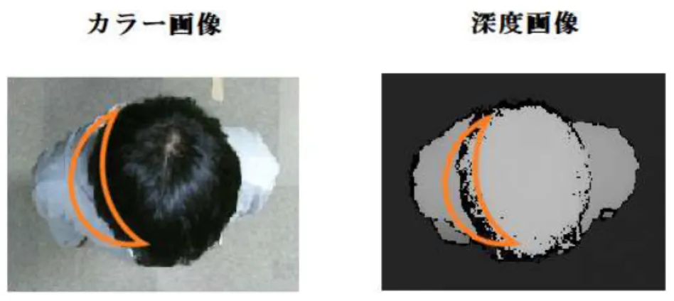 Figure 4.2 のオレンジの線で囲んだ領域のように，深度画像では頭と肩の境界付近で黒 くなっている画素が多いことが分かる．これは赤外線での Depth 計測では物体のエッジ 部分で赤外線の反射光をうまく受け取れなく，正しく Depth 情報を計測できないからで ある． Depth を計測できない深度画像内の座標に対応する Depth の値は ”Depth = 0” と なっている．Kinect v2 の仕様上，他にも対象座標での距離が Depth 測定範囲外 (0.5m 以 下， 8.0m 以上 ) 