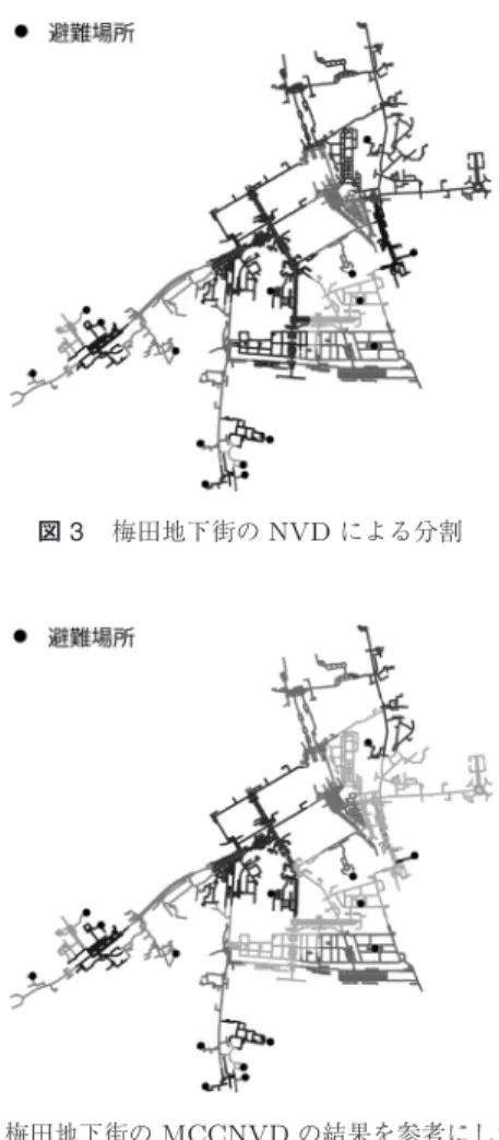 図 1 例題の NVD による分割 図 2 例題の MCCNVD による分割 最も近いノードが割り当てられた例が示されています． この設定では避難場所 X に 13 人， Y に 10 人， Z に 7 人が避難することが示されています．ここで各避難 場所の収容可能な避難者数が 10 人だとすると，避難 場所 X は 3 人が超過してしまいます．一方 Z はまだ 3 人余裕があります．そこで CCDVD と呼ばれるアル ゴリズムを用いて，避難場所の連結性を保ったまま， 避難者が超過した避難所の割当を，収容率