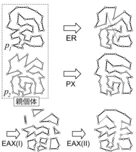 図 4 EAX の拡張（中間個体の例）：(a) 局所的な EAX，