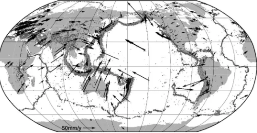 図 1 世界の地震分布（1973〜2010 年）と GPS によって得られた地表の変位速度（ITRF2005）の分布 地震の規模は，同時に破壊する断層の広がりと断層 のずれの量で決まる．東北沖地震では，東西方向に約 200 km ，南北方向に約 450 km の断層面が平均で 25 m 程度，最大では 50 m 以上もずれた [1] ． 1995 年 1 月 17 日の兵庫県南部地震（ M7.2 ）の断層は長さ 40 km ， 幅 15 km ，ずれの量は平均 2 m 程度であった [2] ．これ ら 2 