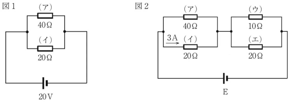 図 1 ， 2 の回路について，次の各問いに答えなさい。 ⑴ 　図 1 の回路は40Ωの抵抗アと20Ωの抵抗イを並列につないだものです。電源 電圧は20Vでした。 ①　図 1 の抵抗アを流れる電流は何Aですか。 ②　図 1 の電源を流れる電流は何Aですか。 ⑵ 　図 2 の回路は10Ωの抵抗ウと20Ωの抵抗エを並列につないだものを図 1 の抵 抗に直列につないだものです。抵抗イには 3Aの電流が流れています。 ①　図 2 の抵抗アを流れる電流は何Aですか。 ②　図 2 の抵抗エを流れる電流は何Aですか。 ③