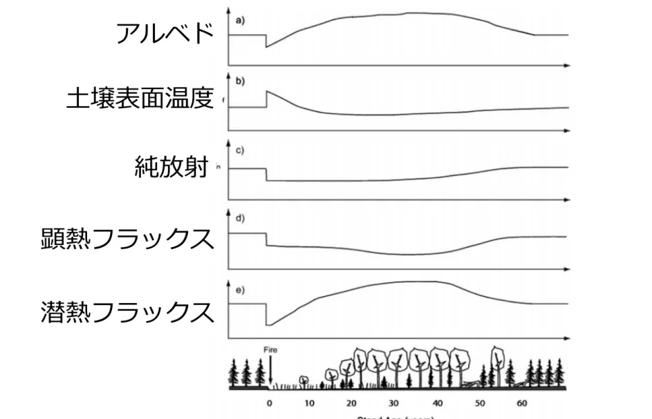 Figure : Liu &amp; Randerson(2008) JGR113アルベド土壌表面温度純放射顕熱フラックス潜熱フラックス 山火事後の遷移に伴う地表面相互作用の変化＠夏期におけるアラスカ