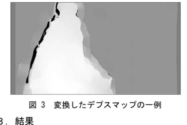 図 3  変換したデプスマップの一例  ３．結果 各画像，視差を与えた対象を囲うような四角形を 定め，その範囲に含まれる座標への注視時間につ いて，2D，3D で分散分析を行った．  画像 A では，対象の土器への平均注視時間は， 2D で 0.082 秒， 3D で 0.057 秒とどちらも短く， 有意差はみられなかった。画像 B では、2D で 2.41 秒，3D で 2.95 秒であり，5％水準で，3D の方が有意に高かった． （p= 0.037）  画像 C では，2D で 3.61 秒，3D で 