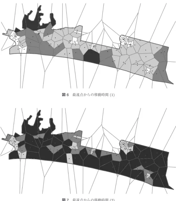 図 6 最遠点からの移動時間 (1) 図 7 最遠点からの移動時間 (2) に高いことがわかった．浜松市全地域の中で，車いす 利用者，災害時要援護者の対象者の数は，平成 23 年 3 月 16 日時点で， 17,540 人いる．こういった人たちが どうやって津波避難ビルまで避難するかを事前に考え ておくべきである． 7
