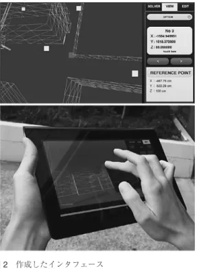 図 2 作成したインタフェース （上：画面イメージ，下：タブレット上での動作の様子） なお，最適化計算については，サーバー側にソルバを 用意しておき，クライアント（インタフェース）側か ら計算に必要なデータをサーバーに転送して最適化計 算を実行するようになっている． このインタフェースにより，現場の状況を反映した 計測プランを「現場」 ( ＝ on-site) にいながらにして再 計算することができるようになった．また，最適な計 測位置（＝最適解）をグラフィカルに表示できるよう になり，スキャナを配置する位