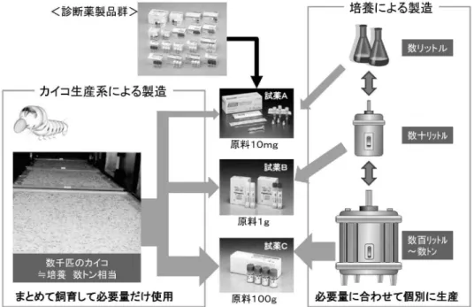表 1 診断薬原料蛋白質の生産方法の比較 図 3 カイコによる多種類の原料蛋白質の多様なスケールでの生産蛋白質ごとに区画された飼育容器でカイコを飼育して生産することで、同時に多種類の蛋白質の生産が可能である。また、組換えバキュロウイルス接種から、1 週間で蛋白質の製造が完了する。(2) スケールアップ生産の柔軟性： 培養タンク生産では、生産規模に応じてタンク培養設備を拡大していく必要があり、スケールアップにより、都度培養生産条件の再検討、至適化が必要である。これに対し、カイコ生産系は、カイコ 1 匹がいわば