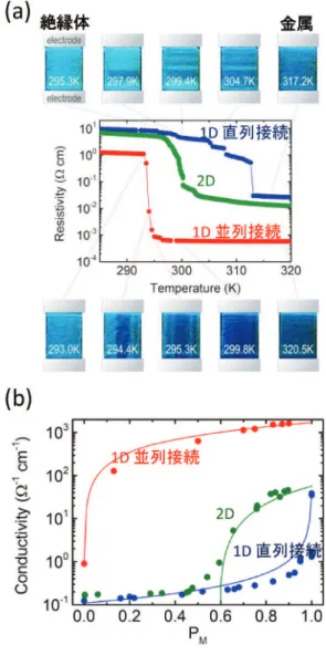 図 4 (a) 一次元ドメイン直列・並列配置の様子を観察した      光学顕微鏡像と同時測定した 3 パターンドメイン      配置（二次元：緑丸、一次元直列：青丸、一次元      並列：赤丸）の電気伝導特性の温度依存性．    (b) 金属電子相の割合（P M ）と電気伝導率との関係．      実線はそれぞれの理論曲線を示す． ンが生成する様子を示した。ドメイン以上の大きな薄膜サイズでは、金属ドメインは、二次元的にランダムに出現するが、試料幅をドメインサイズ以下にしたマイクロワイヤー構造では、一次