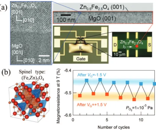 図 3 (a) 強磁性半導体酸化物 (Fe,Zn) 3 O 4  エピタキシャル薄膜の断面透過型顕微鏡像とイオ      ン液体ゲート電界効果デバイス（EDLT）の光学顕微鏡像。    (b) (Fe,Zn) 3 O 4  結晶構造図と EDLT デバイスの磁気抵抗のバイアス電界スイッチング。 レクトロニクスの実現が期待されます。また金属に 匹敵する巨大な電子密度に加え、電子同士の強い相 互作用が産み出す磁性などの半導体にはない現象を 利用できるため、新奇な機能を併せ持つ革新的ナノ デバイスの創出が期待でき