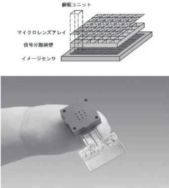 図 2 複眼撮像システム TOMBO生的なメカニズムで、光信号を捕らえるレンズが形成され、空間分解能まで制御されている点は極めて興味深い。このように、複眼が示す性質や特徴はいろいろな応用可能性を包含し、多くの科学者の興味を引きつけてきたことも納得される。３．人工的複眼撮像システム 自然界の複眼に触発されて、さまざまなタイプの人工的な複眼撮像システムが開発されている。以下ではいくつかの典型的な方式について紹介する。３．１ 連立像眼模倣システム 先駆的な実装例として、マイクロレンズ、ピンホールアレイ、光検出器ア