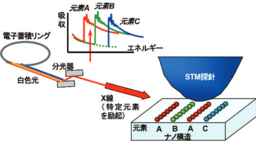 図 2 入射エネルギーの違い（上下）による元素    コントラスト（右）の違い（-2V, 1.0nA）図 1 放射光 STM の概念 めるのではない」点である（放出電子の取得だと、広範囲の照射域からの放出で空間分解能を失う）。本手法の要諦は、内殻励起に続いて（空孔が埋まってゆくカスケード過程の結果）生じるフェルミ準位近傍の状態変化を、「トンネル電流（空間分解能の肝）の変調」として捉えることにある。高輝度 X 線とSTM を組み合わせた例は、われわれ以外に国内外を含めて複数、存在する。しかし手法は筆者らと異な