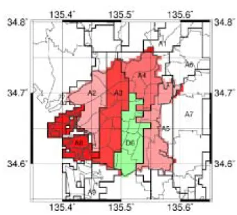 図 -3 提案された設計用地震動の概略の大きさ    （速度応答スペクトル） 7) 図 -2 内陸直下型地震に適用する大阪市のゾーン分割 7)図 -1 上町断層帯で想定された震源断層の位置7) 計者は建築主など関係者との協議のもと、いずれかのレベルを設定して設計を進めることになる。レベル３ A：上町断層帯地震を考慮する際の基準 となるレベルで、大阪府市予測波の発生シナリオ 35 ケースの平均的なレベルに相当する。レベル３ B：基準のレベルより高い安全性を求め て設定するレベルで、より大きなばらつき範囲を カ