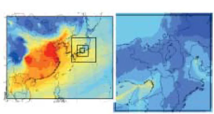 図 2 2008 年の年平均 SO 4 2 - 濃度 図１ 琵琶湖・淀川流域圏 − 73 − 生 産 と 技 術  第64巻 第１号（2012）ます。（図 1 参照）この流域を対象にモデル開発と検証を実施しています。(2) 気象・大気質モデル