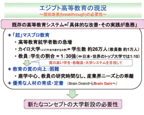 図 5 5．問題山積  これまでの書き様だと、エジプトの高等教育は問 題もある様ながら、結構うまくできているではない かと思われるかもしれない。いや実際、マンモス教 育という点に眼をつぶるなら、全く駄目という訳で はない。先にも書いた様に、そういった大学で教育 を受けた優秀な学生が、欧米に留学している事、さ らには一流の研究者としてそれらの地で活躍してい る事からも理解できる。話がぐるぐる回ってしまう けれど、そういった優秀な研究者をエジプトに呼び 戻すために E-JUST を設立した。それもエジプトと 日