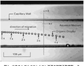 図 5 磁気トラップ装置（左）と測定例（右）；磁気トラップされた微粒子を、媒体の流速を徐々に増大すること    によりサイズ分離が可能。    試料；ポリスチレン微粒子直径 , (a) 3μm , (b) 6μm, (c) 9μm、媒体 0.6 M MnCl 2 、 B (dB/dx) ＝400T 2 /m図 4 （左）液滴の磁化率が半径に反比例。正の勾配をもつ直線は Dy（III）とラウリン酸の両者を含む場合、     勾配ゼロの直線は両者を同時には含まない場合。   （右）界面磁化率を生じる Dy（II