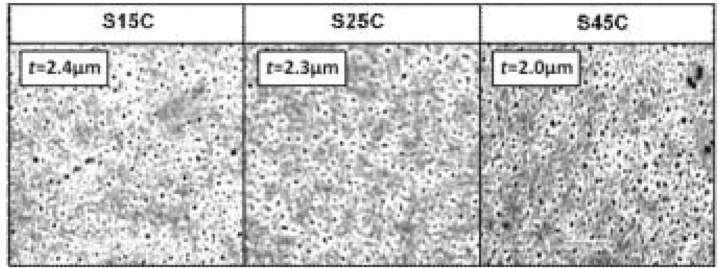 図 3 高速圧縮時の摩擦係数図 1 ポーラス化処理後の表面の SEM 観察写真 図 2 低速圧縮時の摩擦係数 − 106 −生 産 と 技 術  第63巻 第２号（2011）内径は縮小する(6)。したがって、内径変化から摩擦係数を求めることができる。また、メカニカルプレスを用い超硬工具で 4500 mm/min の高速圧縮試験も行い、同様に摩擦係数を求めた。3．実験結果 ポーラス化処理後の表面の走査型顕微鏡（SEM）観察結果を図 1 に示す。どの炭素鋼にも数百 nm のポアが全体にほぼ均一に形成されていた。