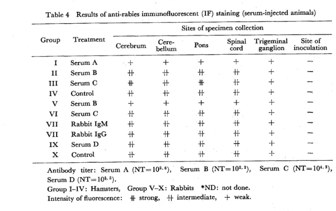 Table 4 Results of anti‑rabies immunofluorescent (IF) staining (serum‑injected animals)  Sites of specimen collection 