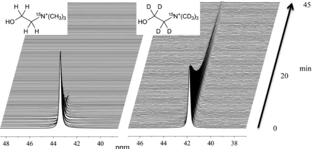 図 6  超偏極した 15 N -コリン（左）と 15 N -コリン-d 13 の 1 スキャン 15 N - NMR スペクトル（ 90 アレイ）