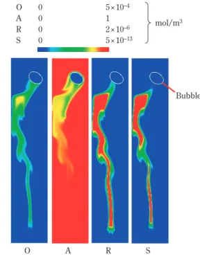 Fig. 13にTHAINC法を用いた計算の一例を示す。単 一気泡が上昇する過程で、気泡から物質Oが液体へと 溶解している。さらに、溶解したOが液体中の物質Aと 反応し生成物Rを、また生成物RがOと反応し副生物S を生成している。図中の色は各物質の濃度をあらわし ている。気泡が上昇することで液体の上昇流を作るた め、各濃度に空間分布が生じている様子が分かる。